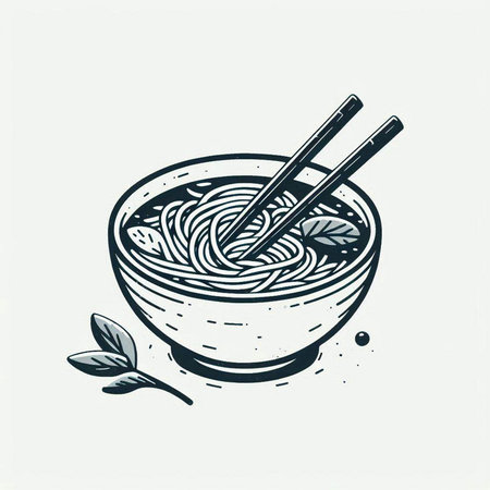 Bowl of noodle soup with chopsticks. Vector illustration.