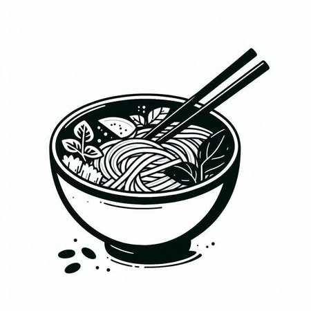 Noodles in bowl with chopsticks. Hand drawn vector illustration.