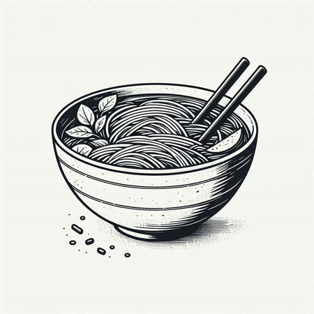 Noodles in a bowl. Hand drawn sketch vector illustration.