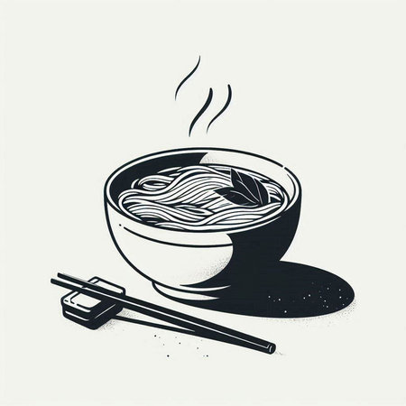 Noodles in a bowl with chopsticks. Hand drawn vector illustration.