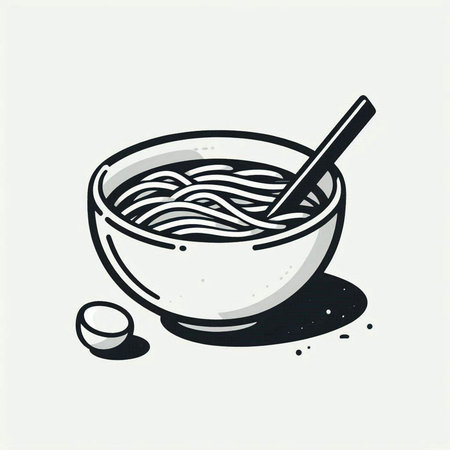 Noodles in a bowl with a spoon, vector illustration.