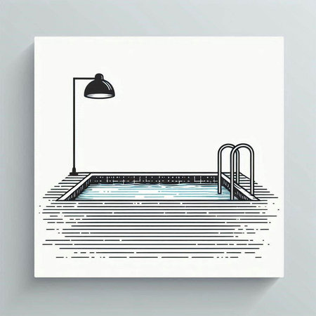 Swimming pool with stairs and lamp. Black and white vector illustration.