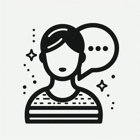 Black and white illustration of a woman with speech bubble. Vector.