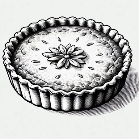 Hand drawn sketch of a pie with a flower on top. Vector illustration.