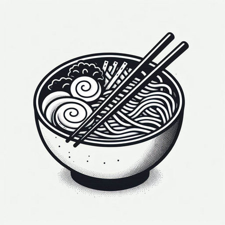 Bowl of noodles with chopsticks, hand drawn vector illustration.