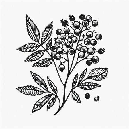 Hand drawn rowan branch with berries and leaves. Vector illustration.