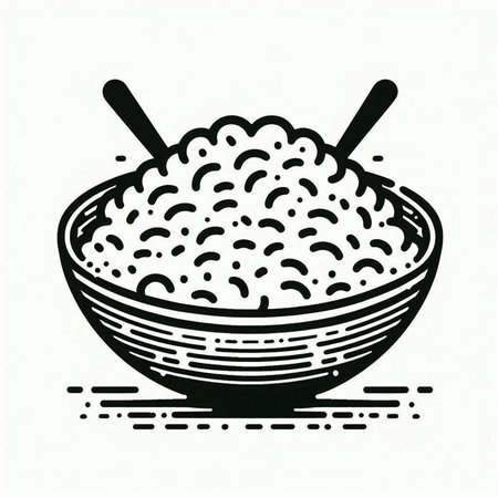 Illustration of a bowl of rice with chopsticks on white backgroundの写真素材