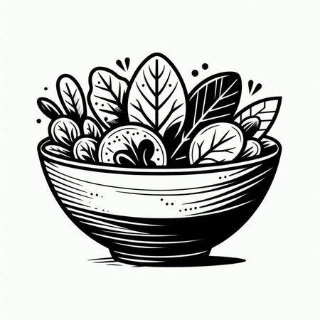 Bowl of salad. Black and white vector illustration in sketch style.の写真素材