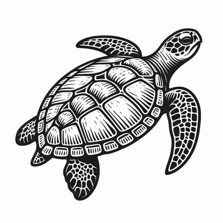 Turtle in engraving style on white background. Vector illustration.の写真素材