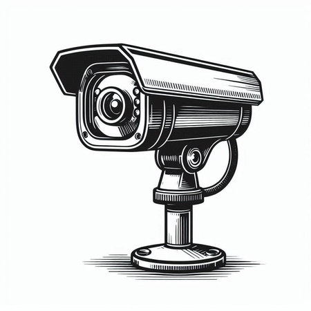 Vector illustration of security camera in engraving style isolated on white background