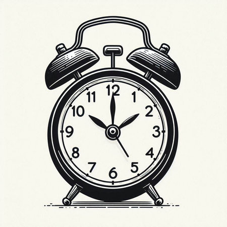 Retro alarm clock isolated on white background. Hand drawn vector illustration.