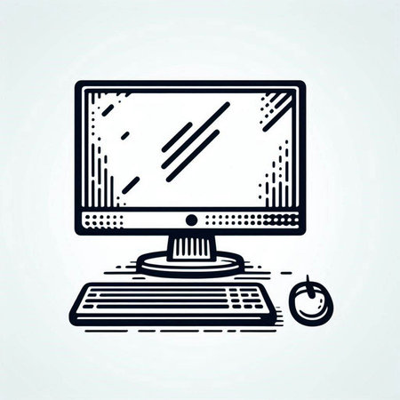 Computer monitor with keyboard and mouse. Vector illustration in outline style.