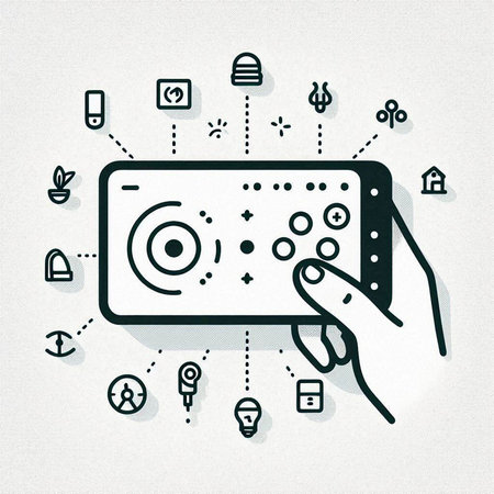 Hand holding a smartphone with abstract icons on the screen. Isolated on white background