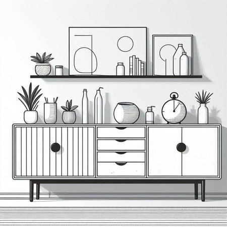 Interior of the living room with a chest of drawers. Vector illustration