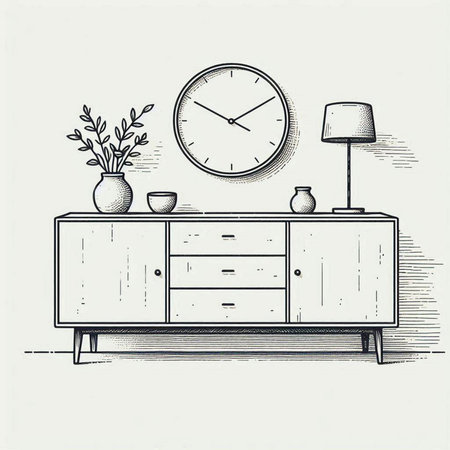 Hand drawn interior with nightstand, lamp, vase and clock. Vector illustration.