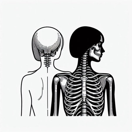 Vector illustration of human skeleton anatomy in black and white colors. Front view.