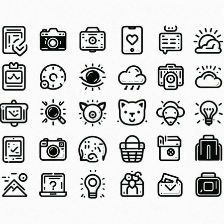 Set of black and white icons on a white background. Vector illustration