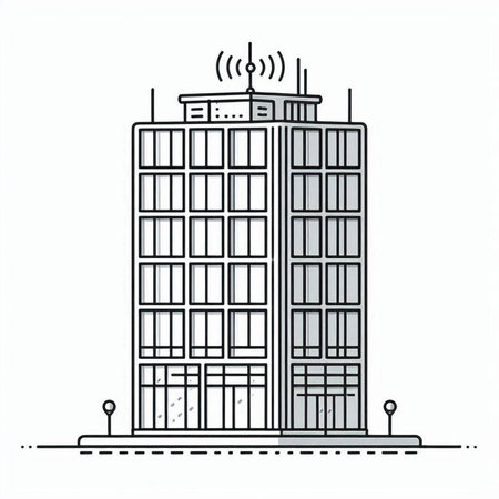 Vector illustration of modern office building on white background. Line art.