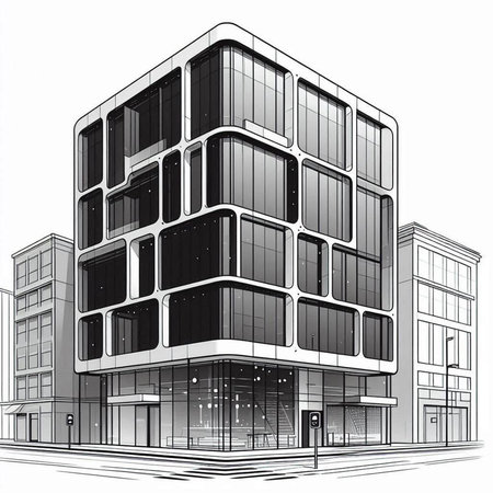 Sketch of a modern office building on a white background.