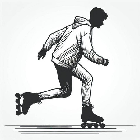 Roller skater in sportswear. Black and white vector illustration.