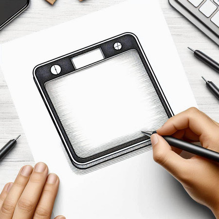 Top view of human hands drawing tablet on white wooden table. Mock up