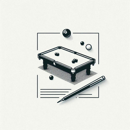Billiard table with billiard balls, cue and ball. Vector illustration.