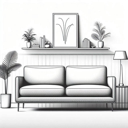 Living room interior with sofa, bookshelf and plant. Vector illustration.の写真素材
