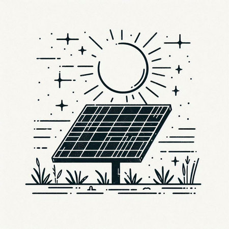 Solar panel with sun, moon and grass. Alternative energy concept. Vector illustration.の写真素材