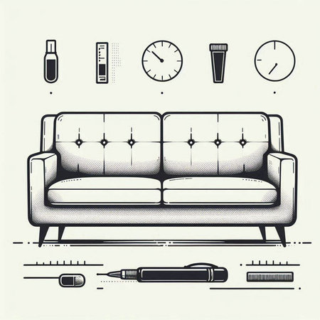 Vector illustration of a set of interior elements: sofa, clock, perfume, pencil, thermometer, watch, perfumeの写真素材