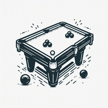 Billiard table with balls and cue. Hand drawn sketch. Vector illustration.