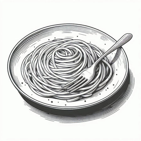Illustration of spaghetti with a spoon in a plate. Vector illustration.の写真素材