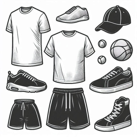 Set of men's sports clothing and accessories. Vector illustration in sketch style.