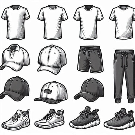 Set of black and white sportswear icons. Vector illustration.