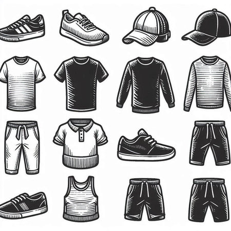Set of hand drawn men's sports clothing. Vector illustration in sketch style.