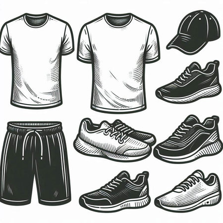 Sketch of men's clothing, sneakers, shorts and cap