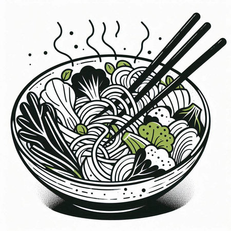 Illustration of a bowl of noodles with chopsticks and vegetables.