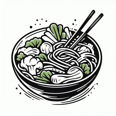 Noodles in bowl with chopsticks. Hand drawn vector illustration.