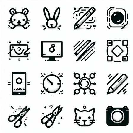 Set of 9 simple editable vector icons such as camera, mouse, pencil, clock, mouse, and more.
