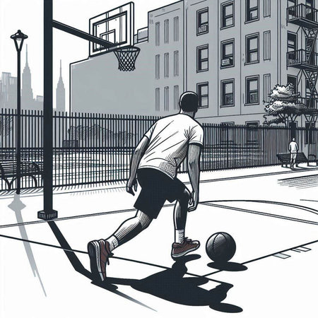 Basketball player on the street of the city. Vector illustration.