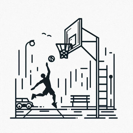 Basketball player in action on basketball court. Outline vector illustration