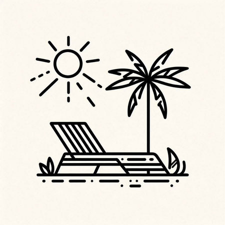 Beach chair and palm tree line icon. Outline vector icon.