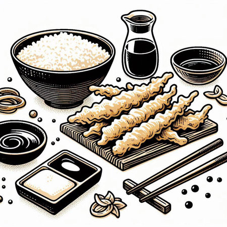 Illustration of japanese food with rice, soy sauce and chopsticksの写真素材