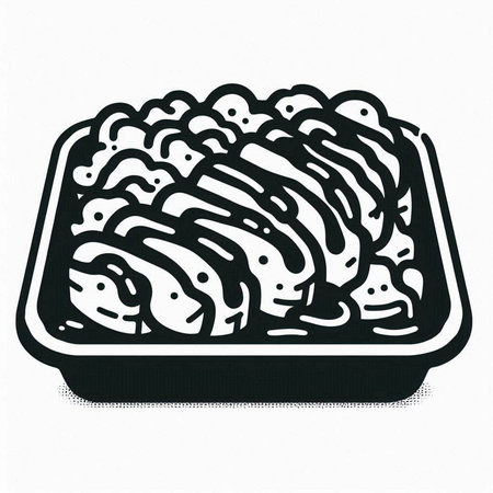 Illustration of a bowl of rice with sauce in black and white