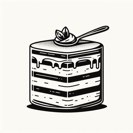 Black and white vector illustration of a piece of cake with a spoon