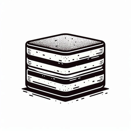Black and white vector illustration of a cake in engraving style.