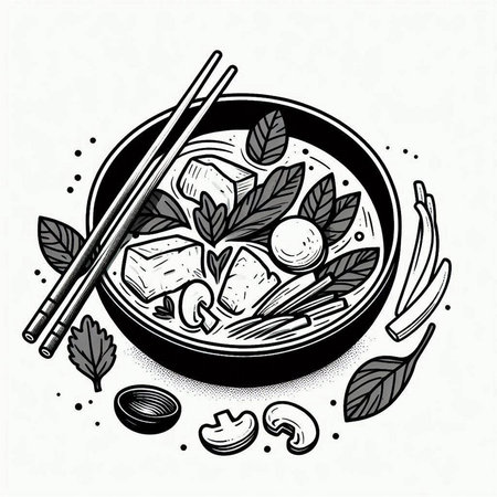 Illustration of asian food in black bowl with chopsticks.