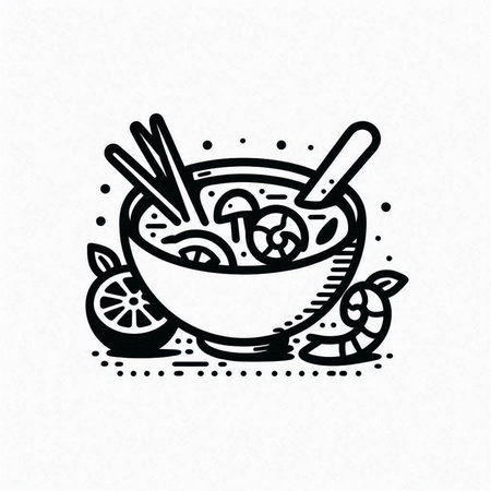 Mushroom soup in bowl with chopsticks. Hand drawn vector illustration.