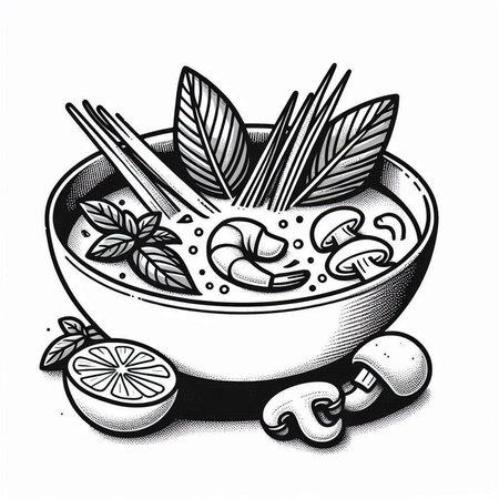Vintage engraving illustration of Chinese soup with shrimps.