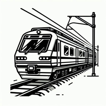 Train on the railway tracks. Vector illustration in black and white colors.