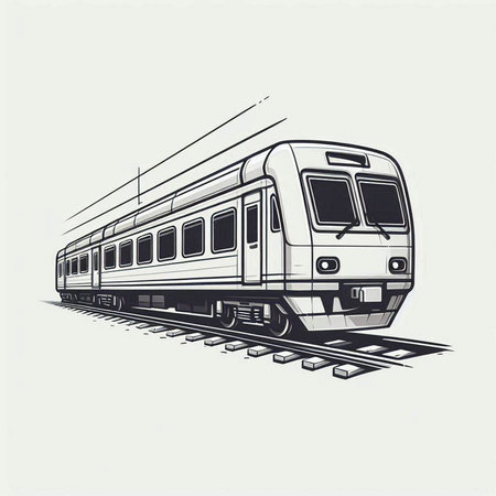 Train on rails. Vector illustration in hand drawn style. Monochrome.